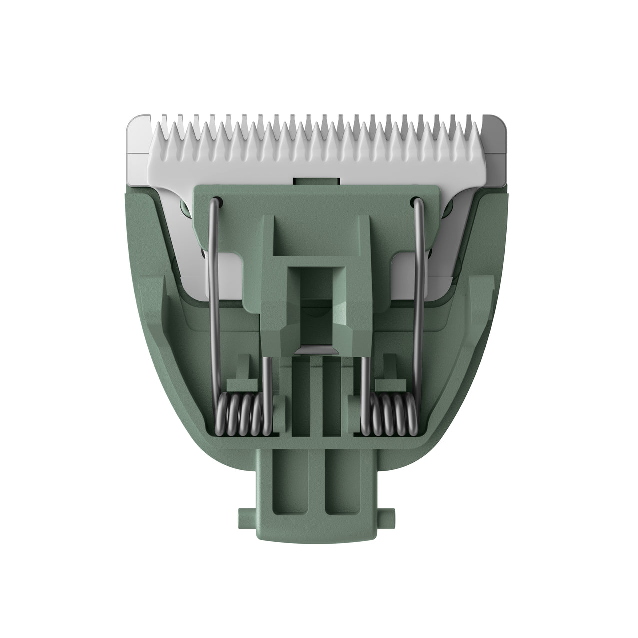 Hair clipper replacement blade with stainless steel teeth, green plastic base, and metal springs, grooming tool accessory.