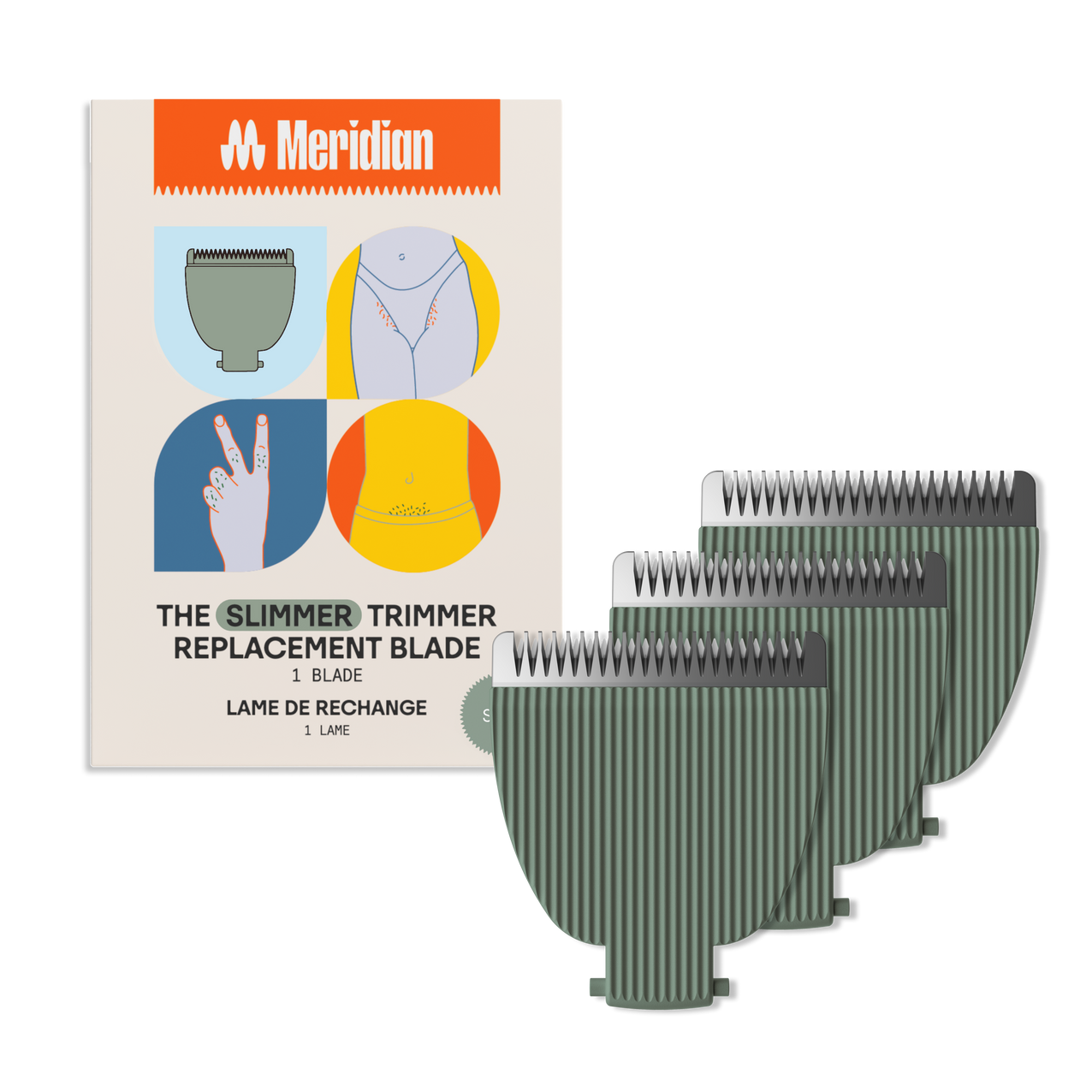 Meridian Slimmer Trimmer replacement blades for body grooming with packaging and three green precision clipper blades.