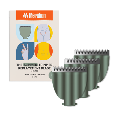 Meridian Slimmer Trimmer replacement blades for body grooming with packaging and three green precision clipper blades.