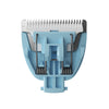 Precision electric hair clipper blade attachment in blue plastic with metal teeth and spring mechanism for grooming tools.