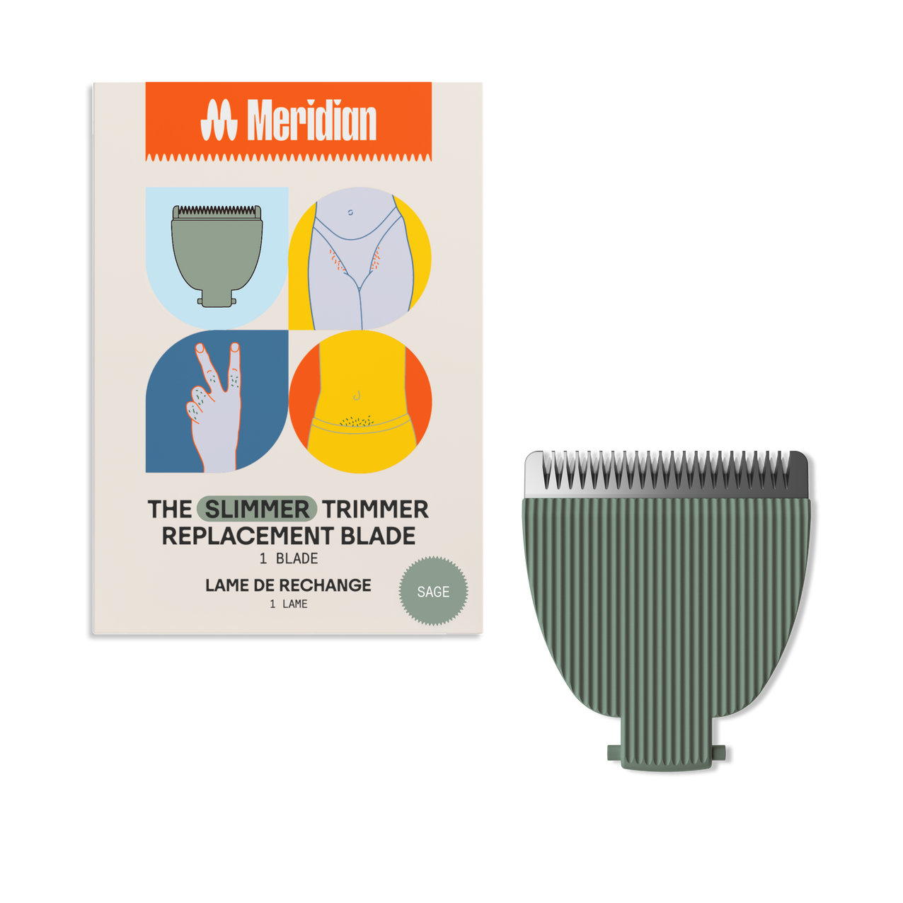 Meridian slimmer trimmer replacement blade in sage color with packaging showing body grooming areas and hand gesture icons.