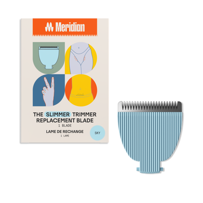 Replacement blade for Meridian Slimmer trimmer in sky blue, suitable for precise body and bikini grooming.