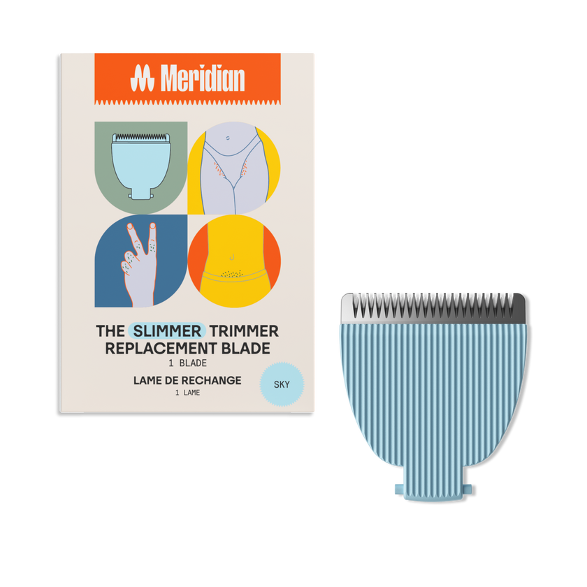 Replacement blade for Meridian Slimmer trimmer in sky blue, suitable for precise body and bikini grooming.