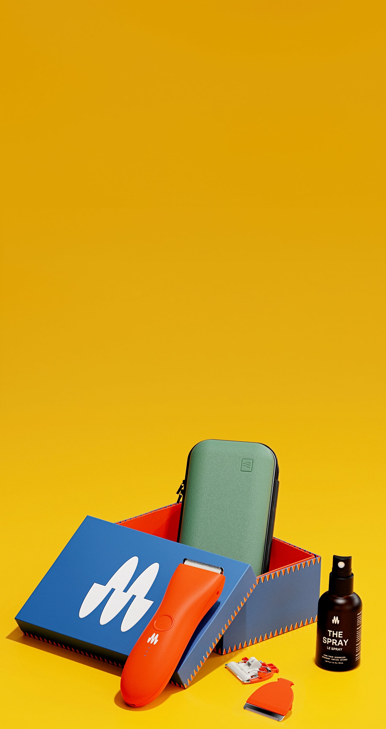 Orange electric hair trimmer with attachments, green carrying case, black spray bottle, and blue Meridian branded box on yellow background.