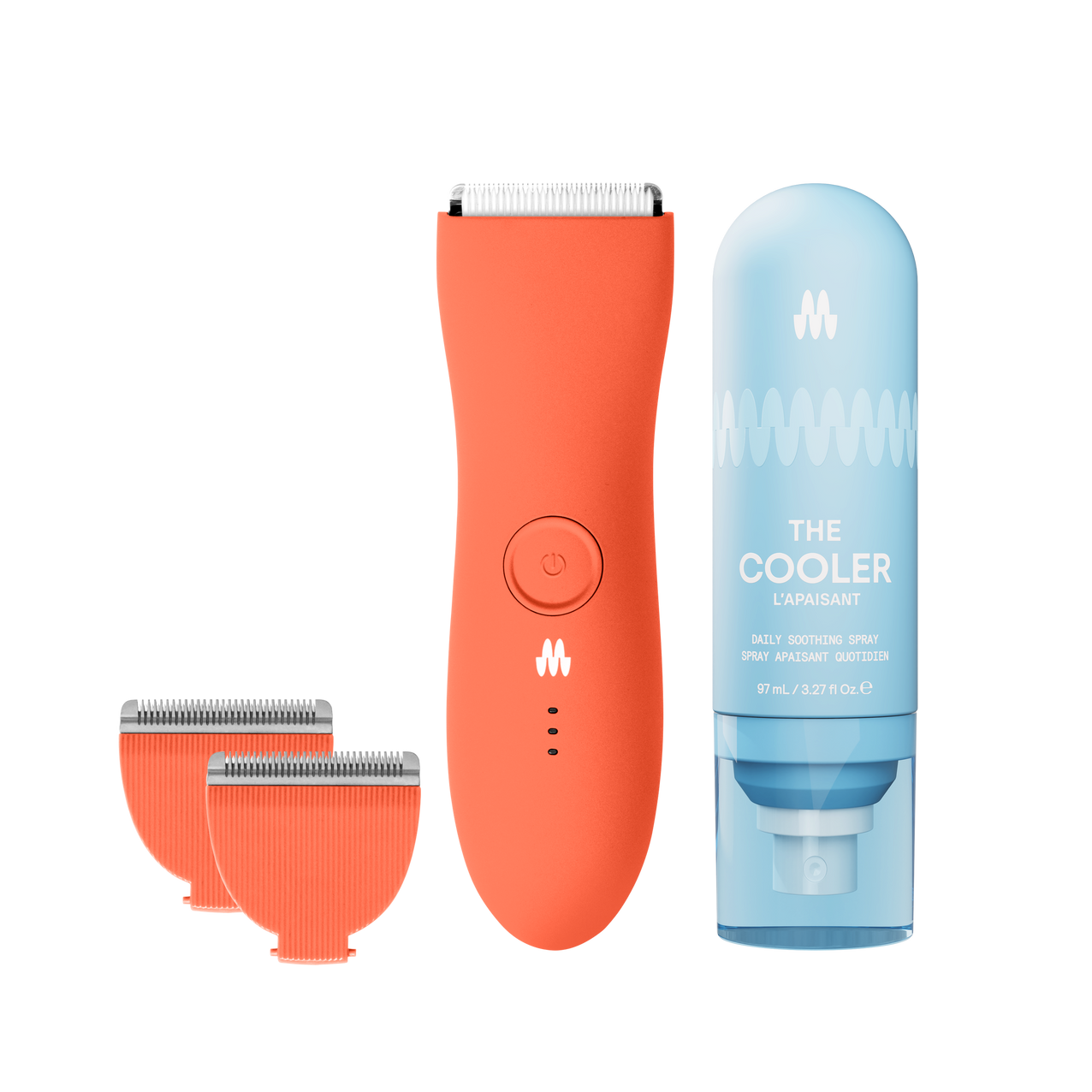 Meridian Trimmer Premium in Blaze color with replacement blades and The Cooler soothing spray.