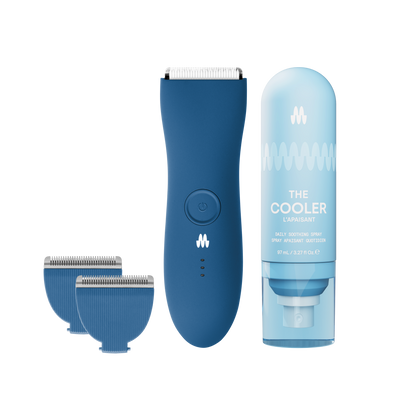 Meridian Trimmer Premium in Ocean color with replacement blades and The Cooler soothing spray.