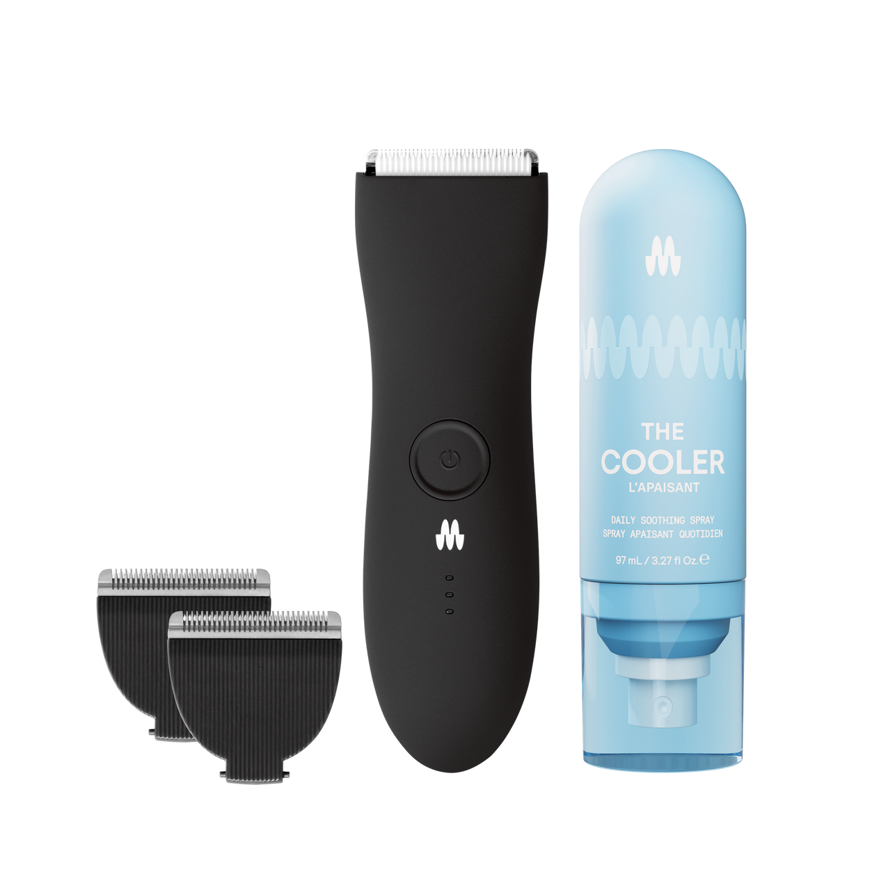 Meridian Trimmer Premium in Onyx color with replacement blades and The Cooler soothing spray.