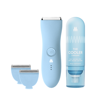 Meridian Trimmer Premium in Sky color with replacement blades and The Cooler soothing spray.