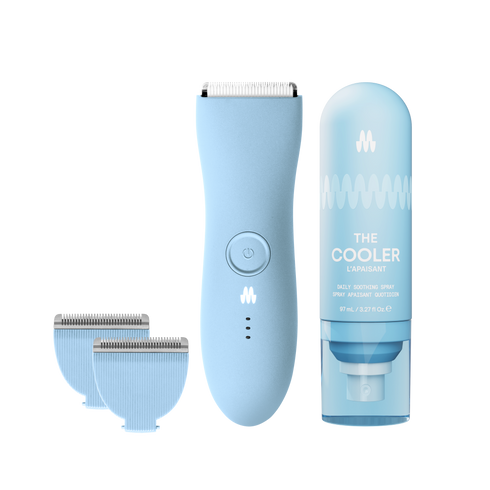 Meridian Trimmer Premium in Sky color with replacement blades and The Cooler soothing spray.