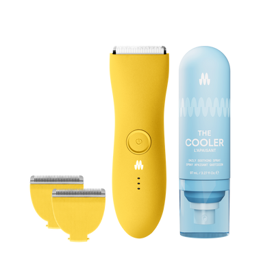 Meridian Trimmer Premium in Solar color with replacement blades and The Cooler soothing spray.