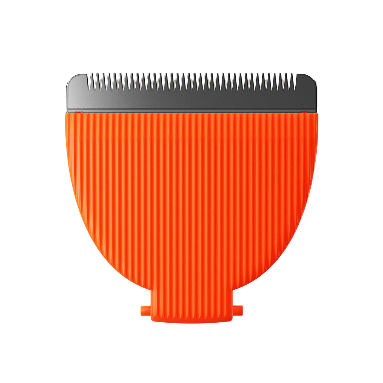 Orange hair clipper blade attachment with sharp metal teeth, suitable for precise grooming and trimming.