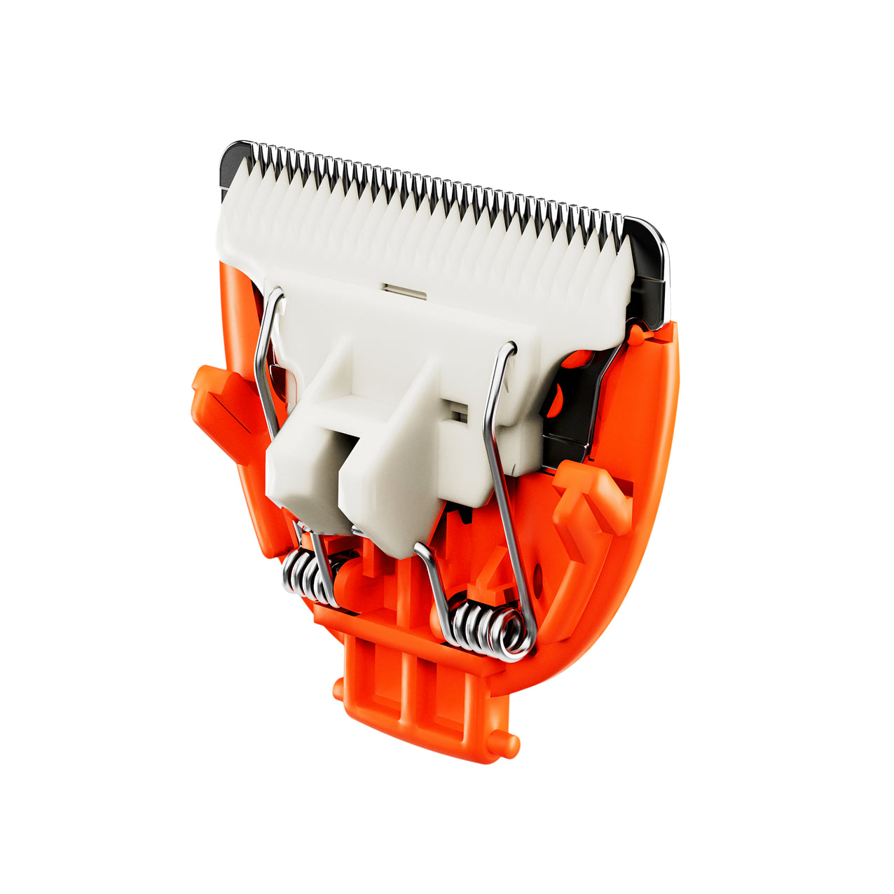 Electric hair clipper replacement blade in orange and white with stainless steel teeth, grooming tool accessory isolated on white.