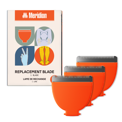 Meridian replacement clipper blades in orange with package showing body grooming illustrations.