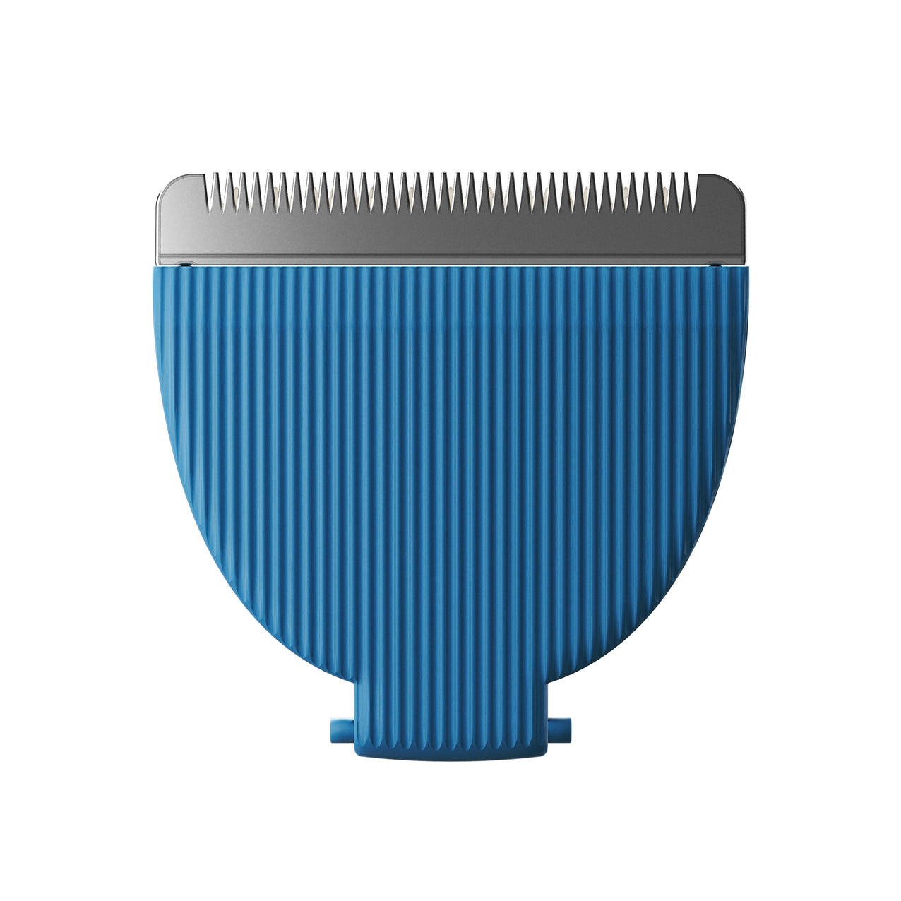 Electric hair clipper replacement blade in blue with sharp stainless steel teeth, grooming tool accessory for barber and salon use.