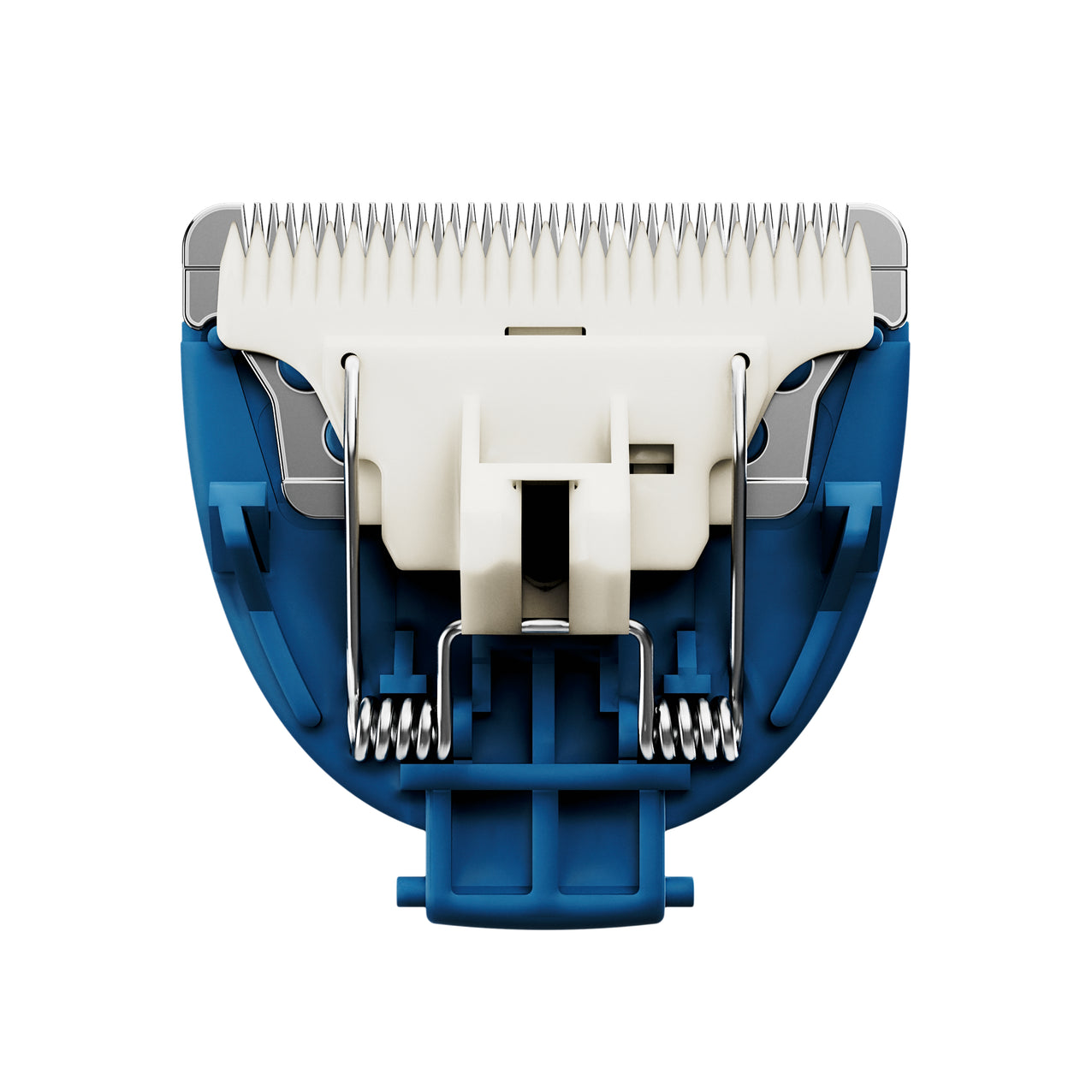 Electric hair clipper blade attachment in white and blue, precision stainless steel blades for grooming and trimming.