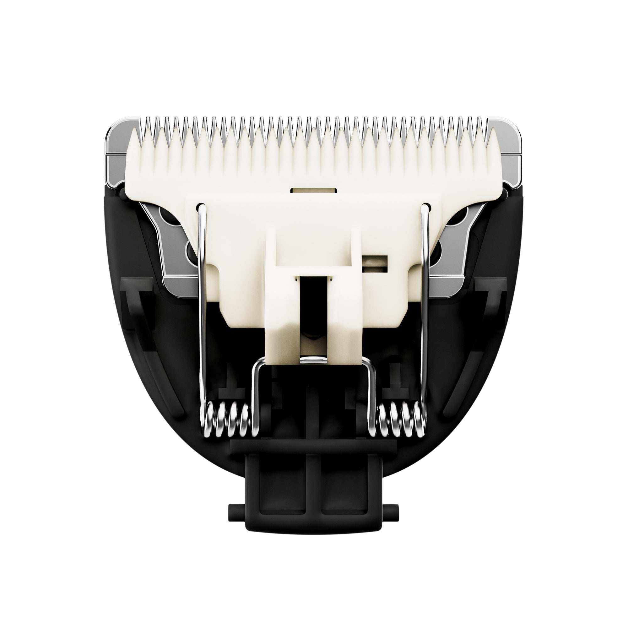 White and black electric hair clipper blade attachment with metal teeth for precise haircut trimming and styling