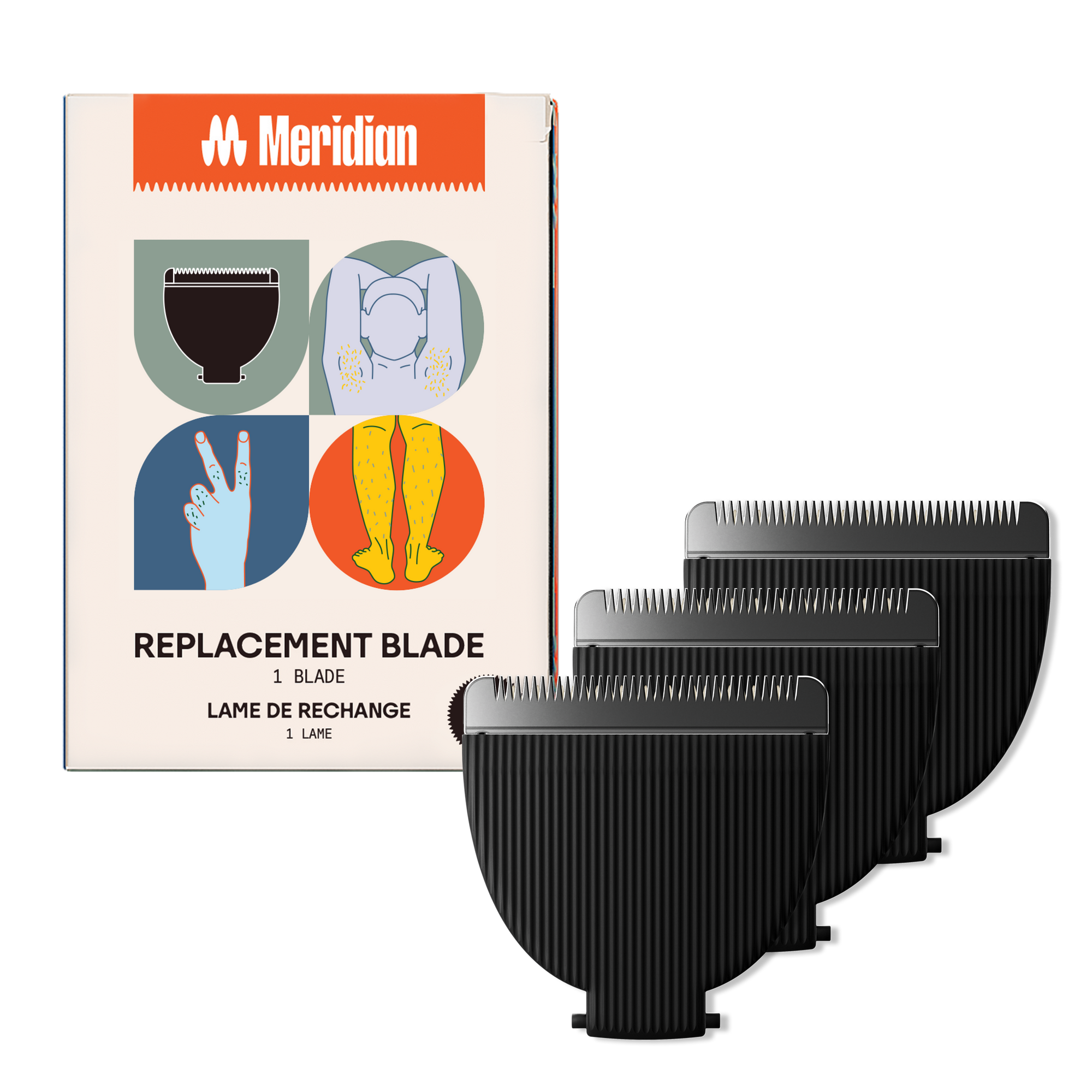 Meridian replacement clipper blades in orange, blue, and yellow with package showing body grooming illustrations.