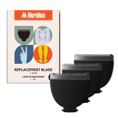 Meridian replacement clipper blades in orange, blue, and yellow with package showing body grooming illustrations.
