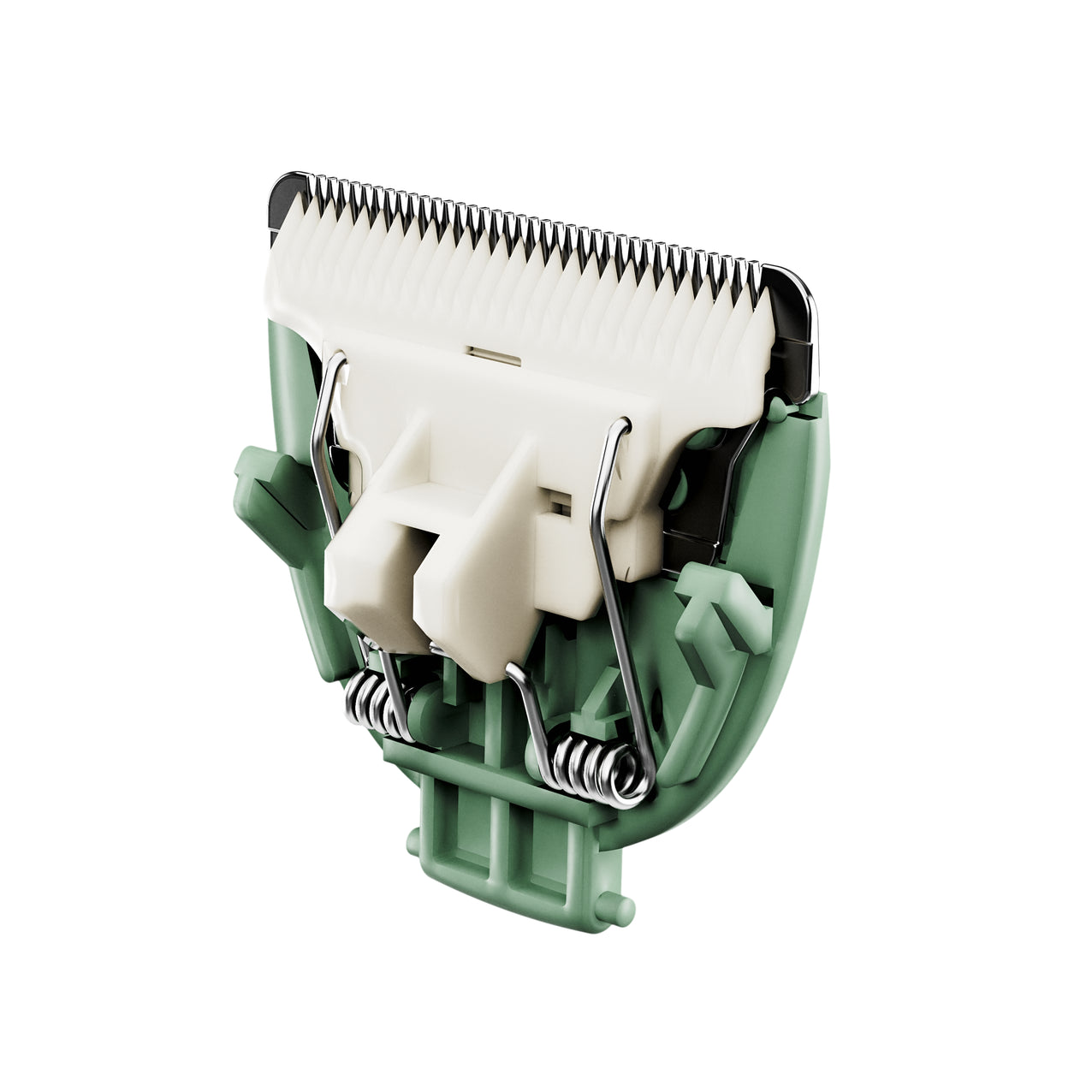 Electric hair clipper replacement blade with sharp metal teeth and green plastic base for grooming tools.