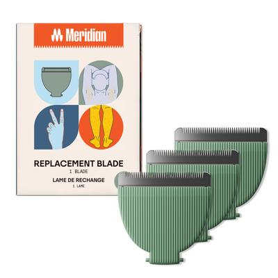 Meridian replacement clipper blades in orange, blue, and yellow with package showing body grooming illustrations.
