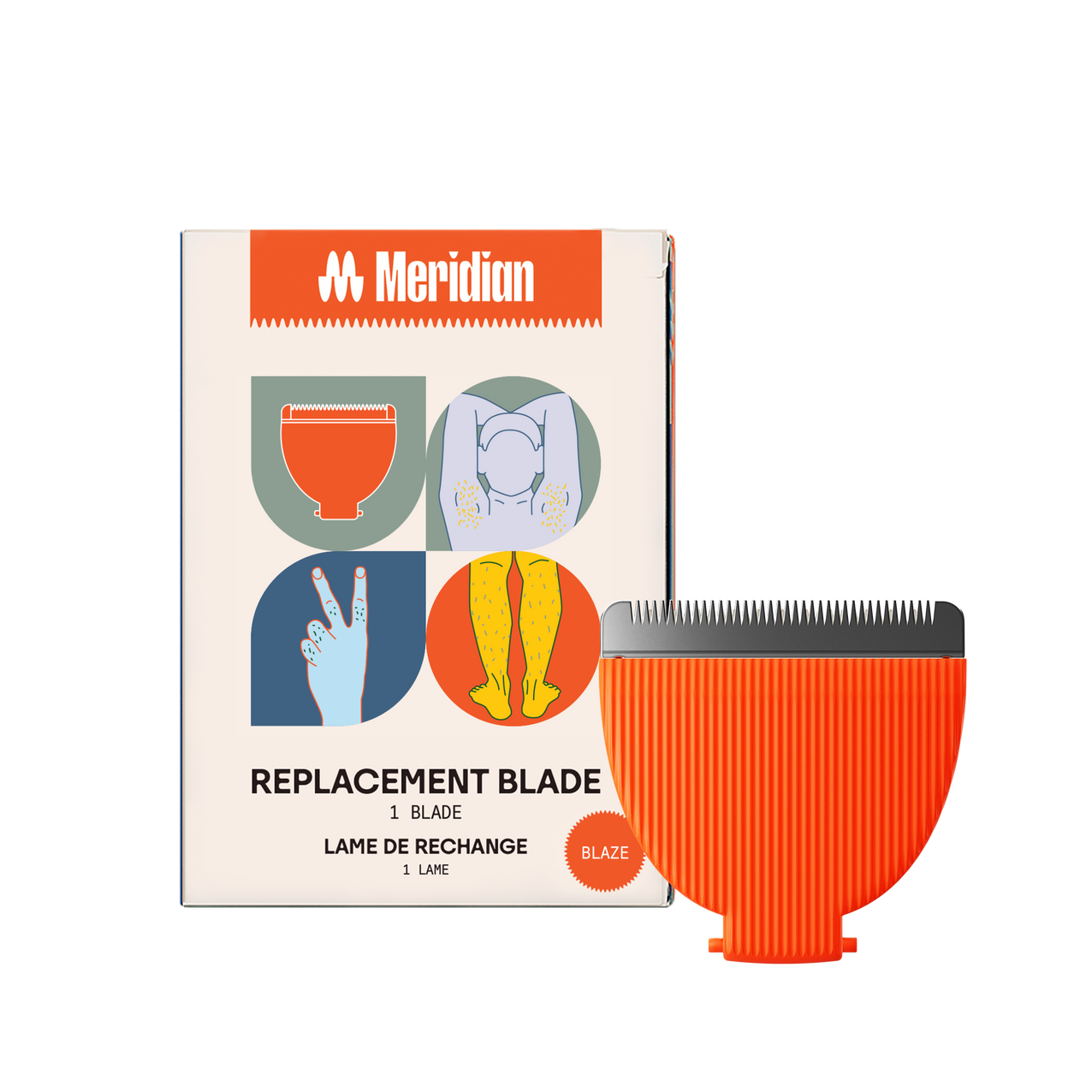Meridian replacement blade in black with packaging showing body grooming illustrations for armpit, legs, and fingers.