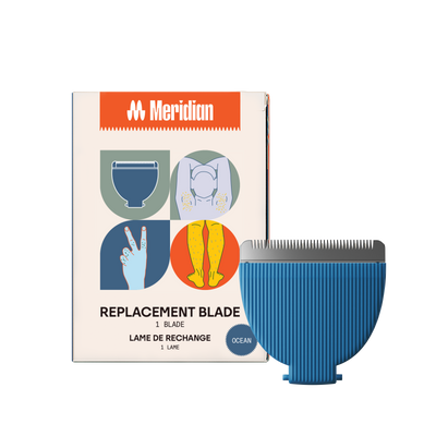 Meridian replacement blade in black with packaging showing body grooming illustrations for armpit, legs, and fingers.