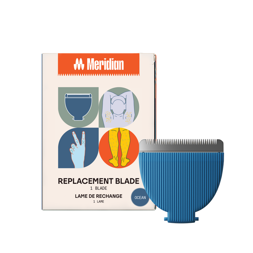 Meridian replacement blade in black with packaging showing body grooming illustrations for armpit, legs, and fingers.