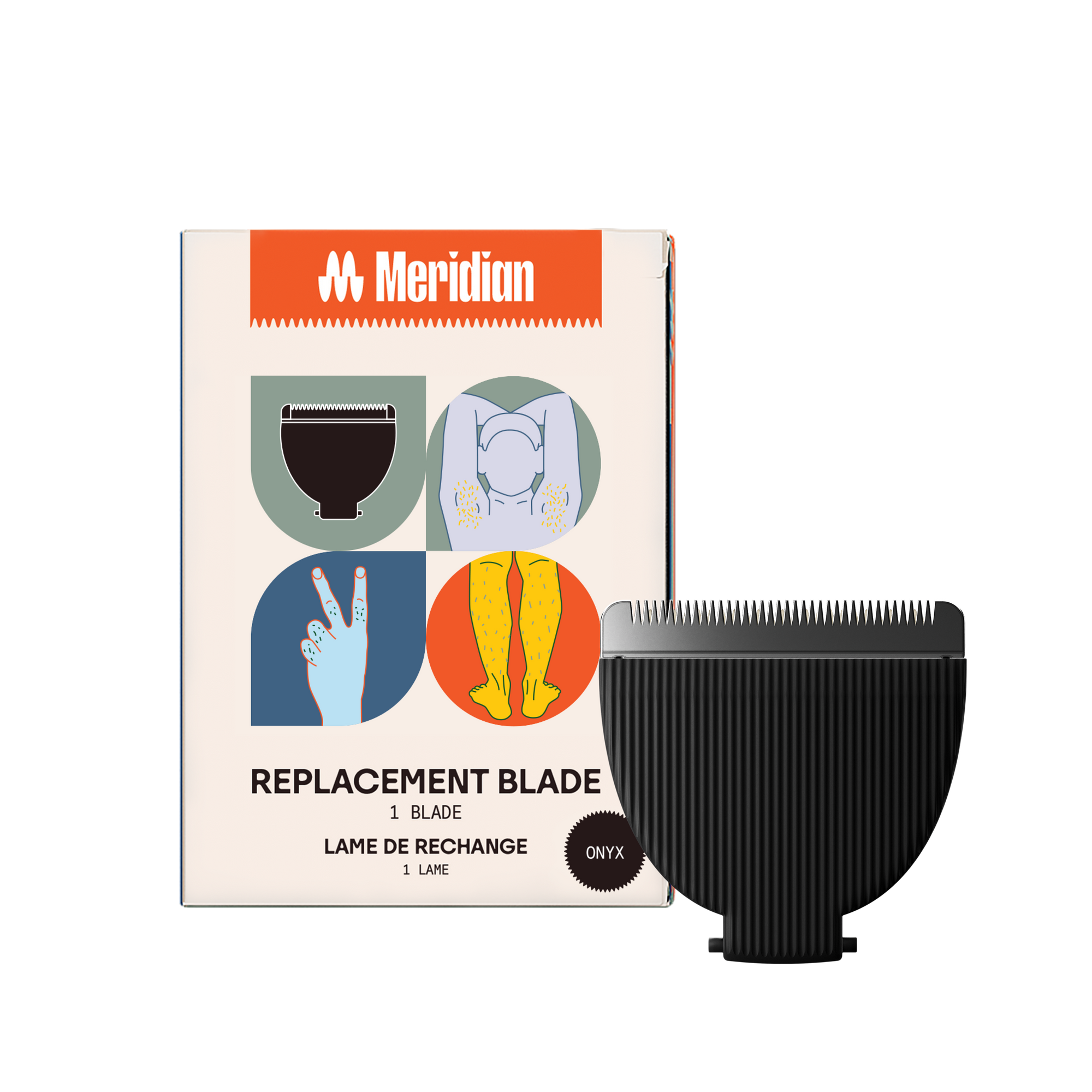 Meridian replacement blade in black with packaging showing body grooming illustrations for armpit, legs, and fingers.