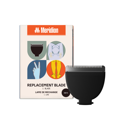 Meridian replacement blade in black with packaging showing body grooming illustrations for armpit, legs, and fingers.