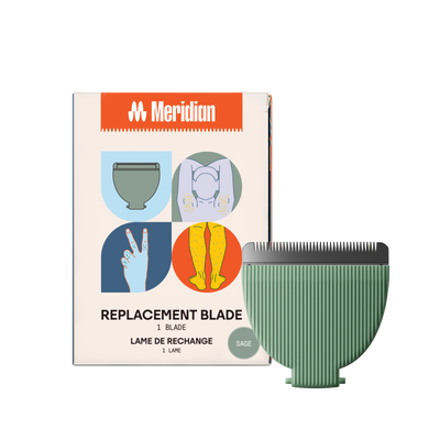 Meridian replacement blade in black with packaging showing body grooming illustrations for armpit, legs, and fingers.