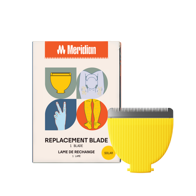 Meridian yellow replacement blade for body grooming with illustrations for armpit, fingers, and legs hair removal.
