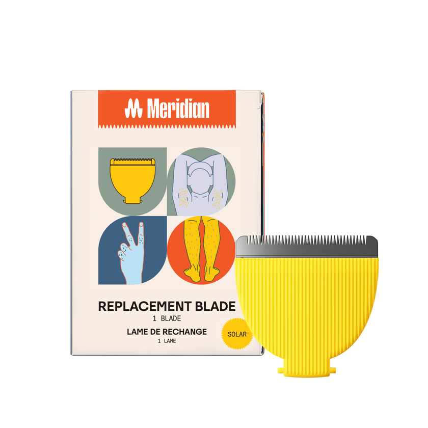 Meridian yellow replacement blade for body grooming with illustrations for armpit, fingers, and legs hair removal.