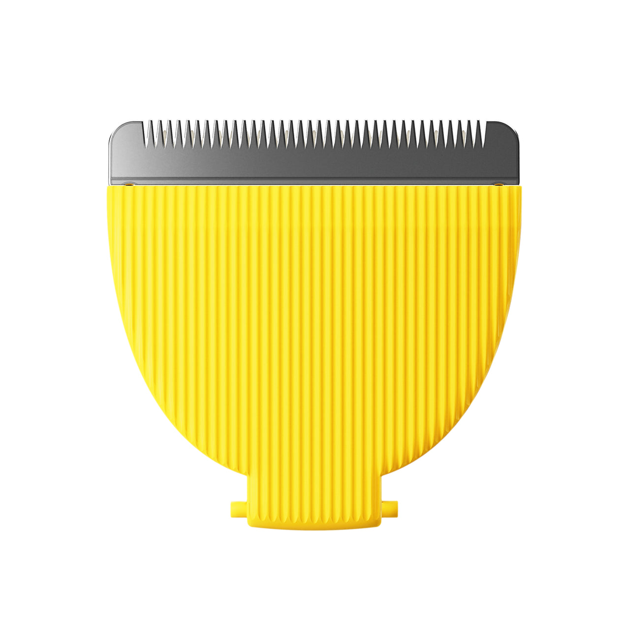 Yellow electric hair clipper blade with fine stainless steel teeth, suitable for grooming and haircutting tools.