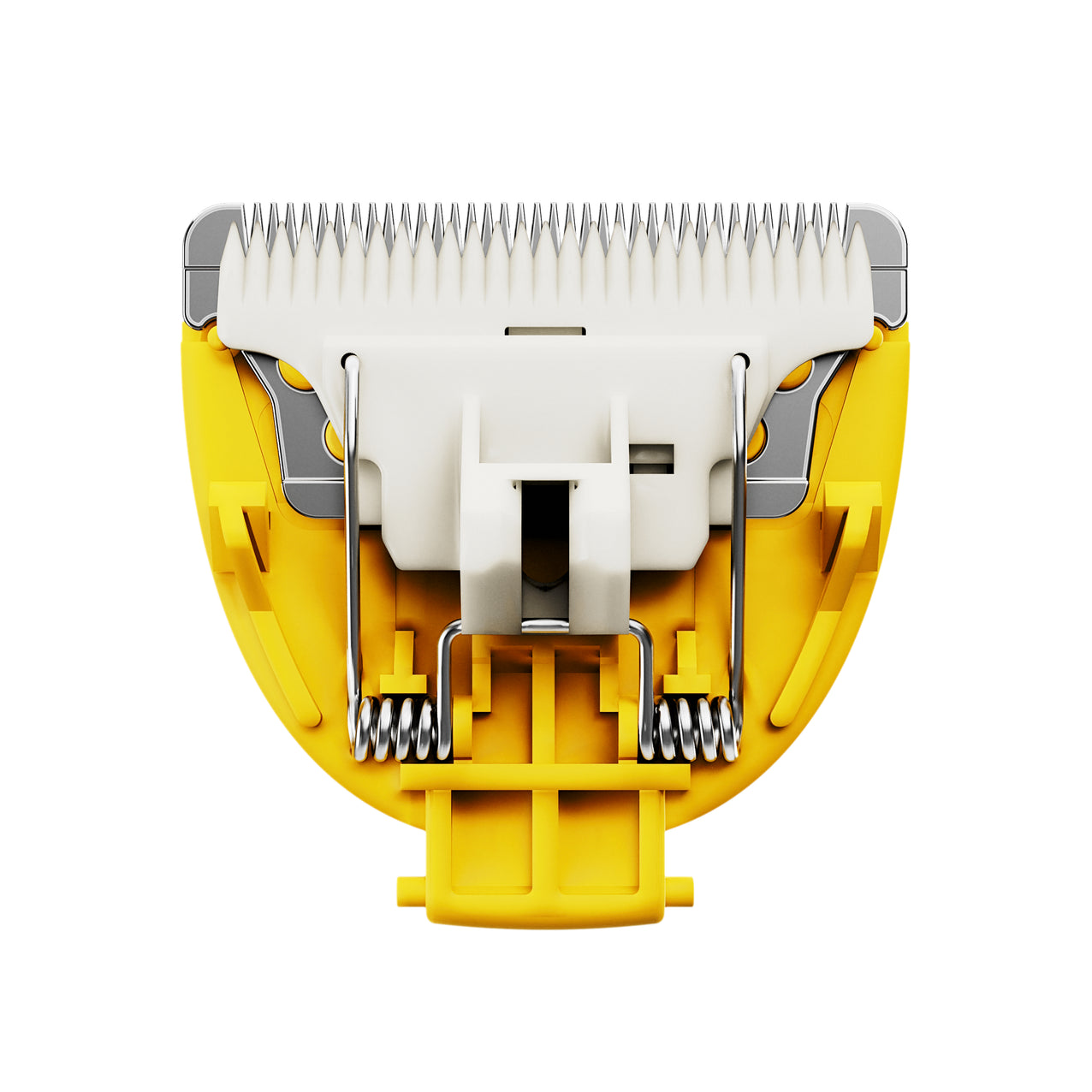Yellow and silver electric hair clipper blade assembly with sharp stainless steel teeth and spring mechanism.