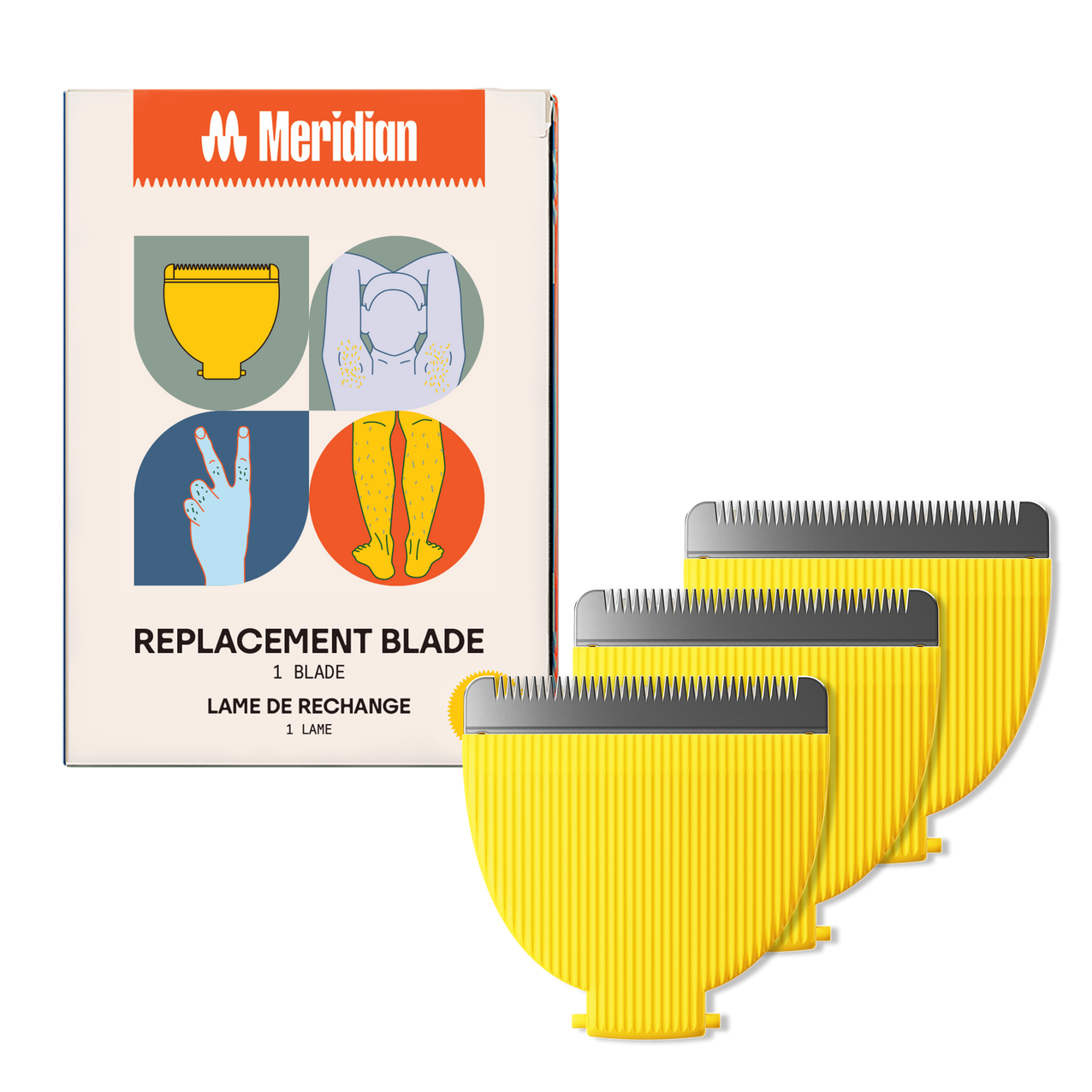 Meridian replacement clipper blades in orange, blue, and yellow with package showing body grooming illustrations.