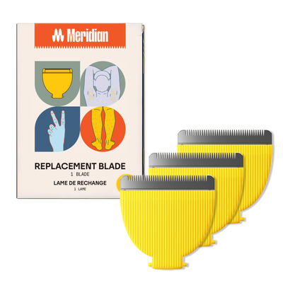 Meridian replacement clipper blades in orange, blue, and yellow with package showing body grooming illustrations.