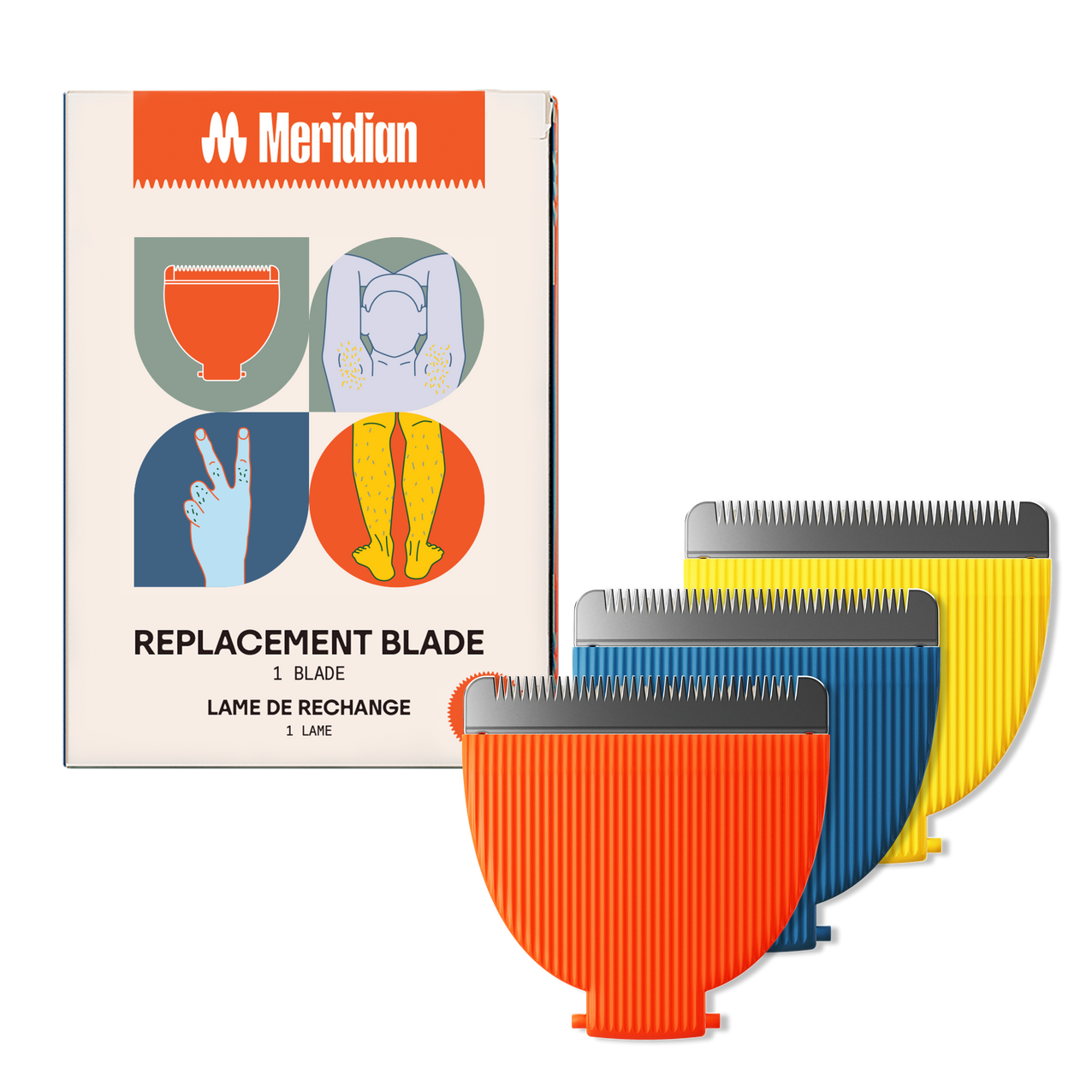 Meridian replacement clipper blades in orange, blue, and yellow with package showing body grooming illustrations.