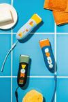 Meridian trimmers with color sleeves: Sky sleeve on Solar trimmer, Onyx sleeve on Sage trimmer, and Ocean sleeve on Blaze trimmer.