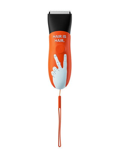 Electric hair clipper with blue and orange body featuring a hand graphic and a wrist strap.