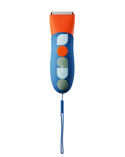 Electric hair clipper with blue and orange body featuring a hand graphic and a wrist strap.