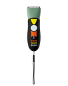 Electric hair clipper with blue and orange body featuring a hand graphic and a wrist strap.