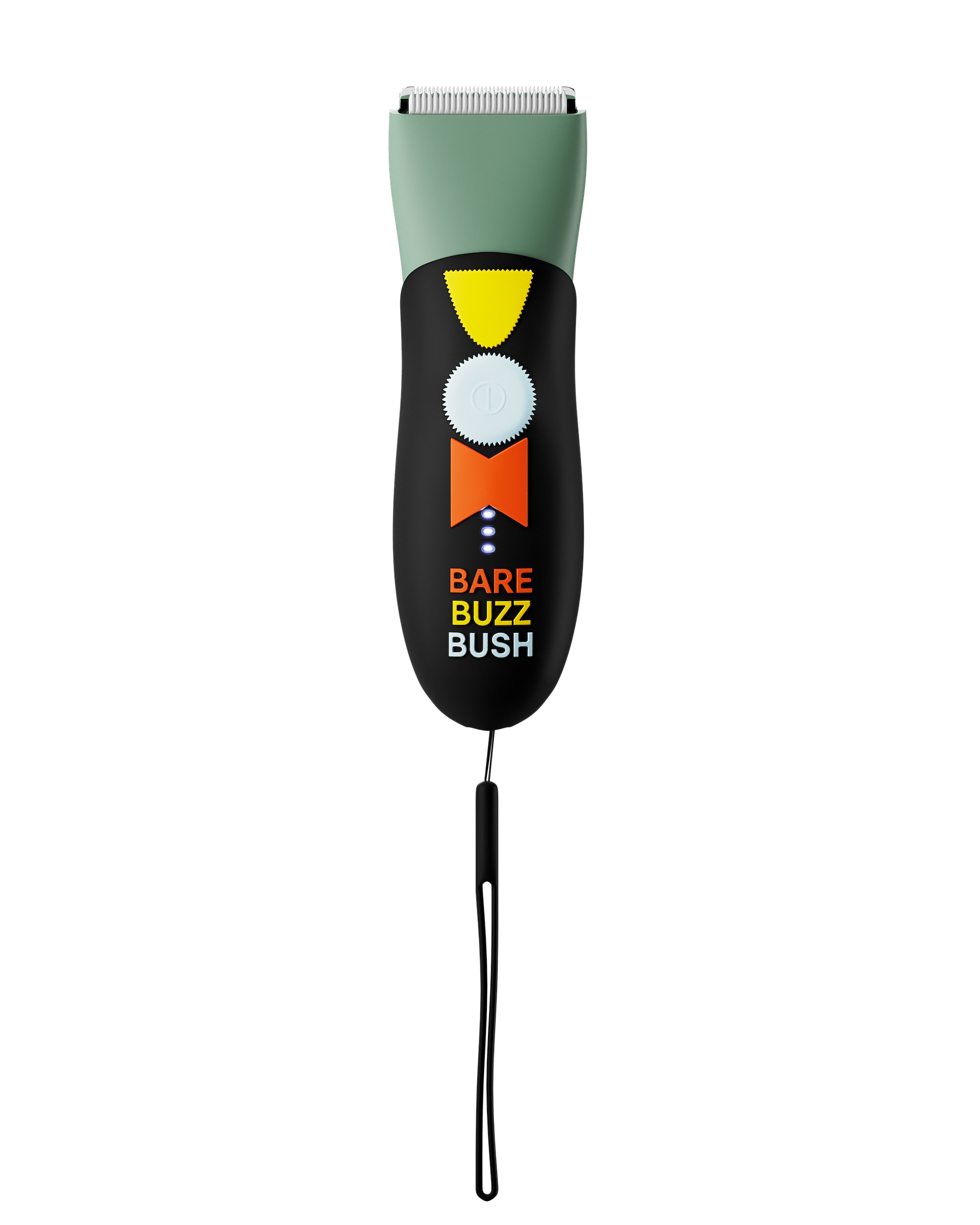 Electric hair clipper with blue and orange body featuring a hand graphic and a wrist strap.