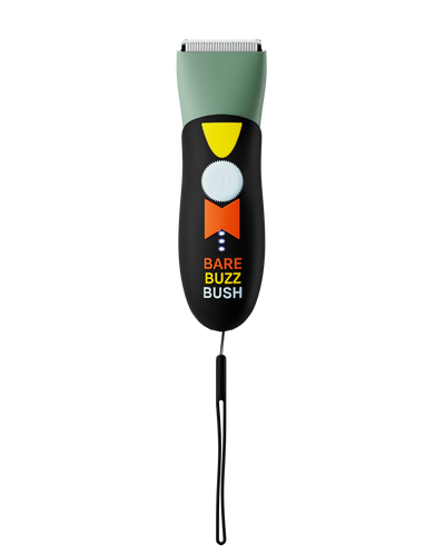 Electric hair clipper with blue and orange body featuring a hand graphic and a wrist strap.