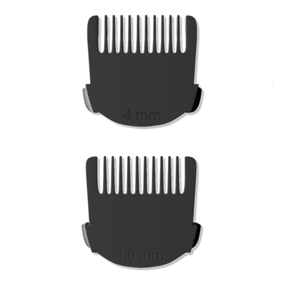 Two black plastic clipper guards labeled 4 mm and 1.6 mm for hair trimming attachments.