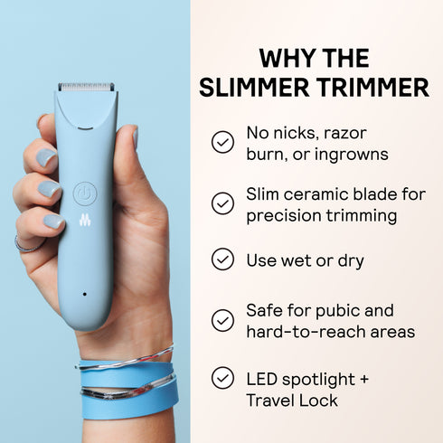 Slimmer Trimmer in blue held in hand with nail polish, highlighting no nicks, ceramic blade, wet/dry use, safe for sensitive areas, LED, travel lock