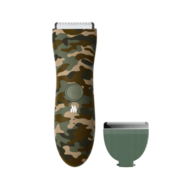 Cordless electric hair trimmer with camouflage design and detachable green cutting guard for grooming.