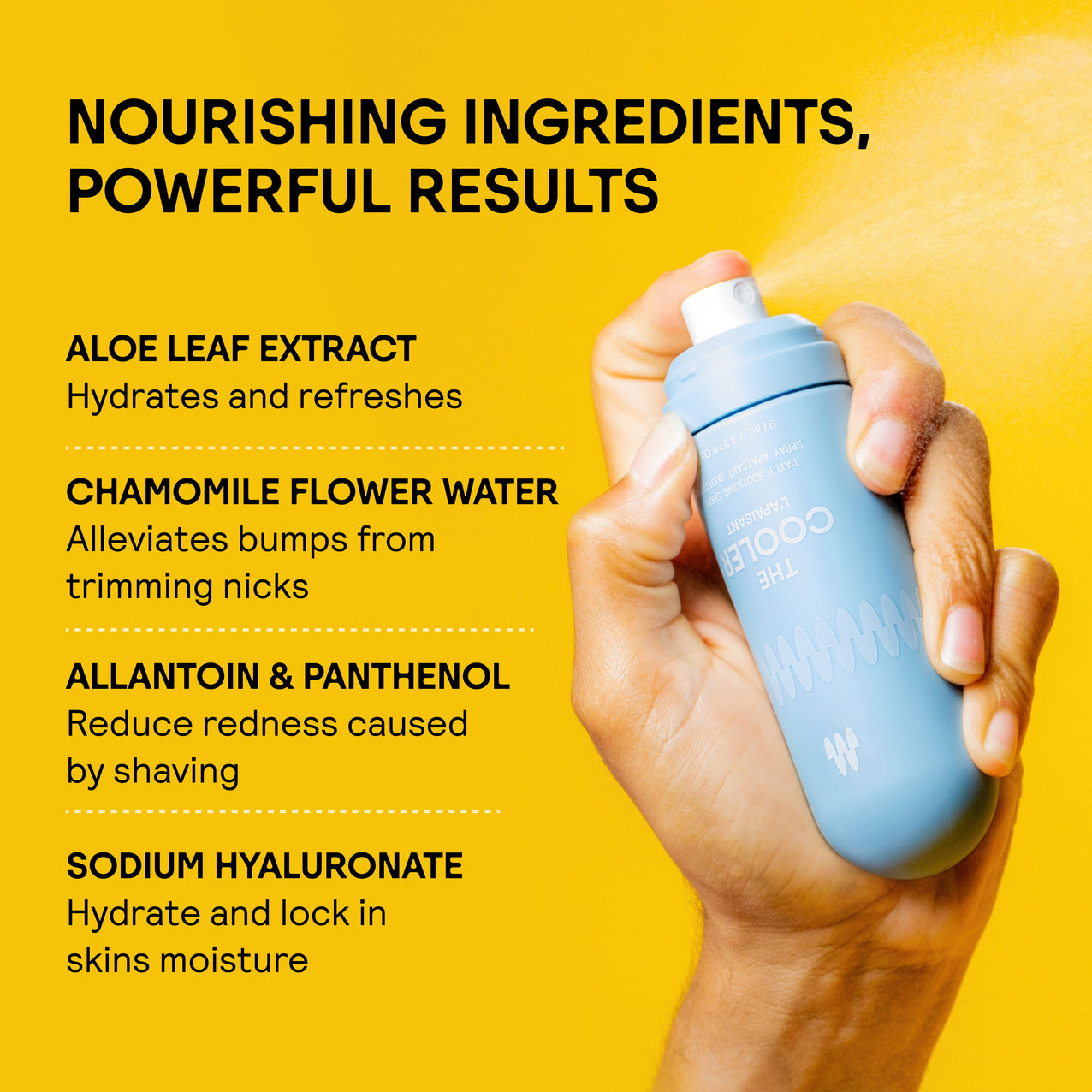Blue skincare bottle with textured grip, moisturizing lotion, highlighting aloe, chamomile, allantoin, panthenol, and sodium hyaluronate benefits.