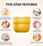 Yellow jar of exfoliating pads with five-star product features highlighted: dermatologist tested, pH balanced, gentle exfoliation, precision finger pocket, ingrown hair prevention, vegan and cruelty-free.