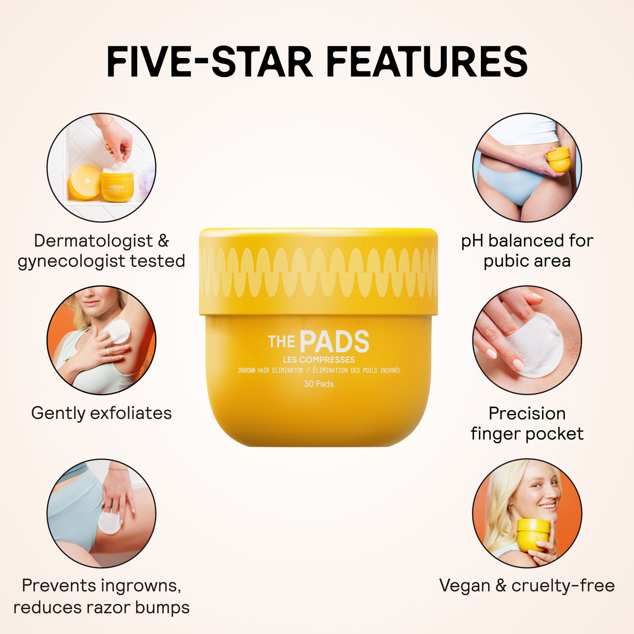 Yellow jar of exfoliating pads with five-star product features highlighted: dermatologist tested, pH balanced, gentle exfoliation, precision finger pocket, ingrown hair prevention, vegan and cruelty-free.