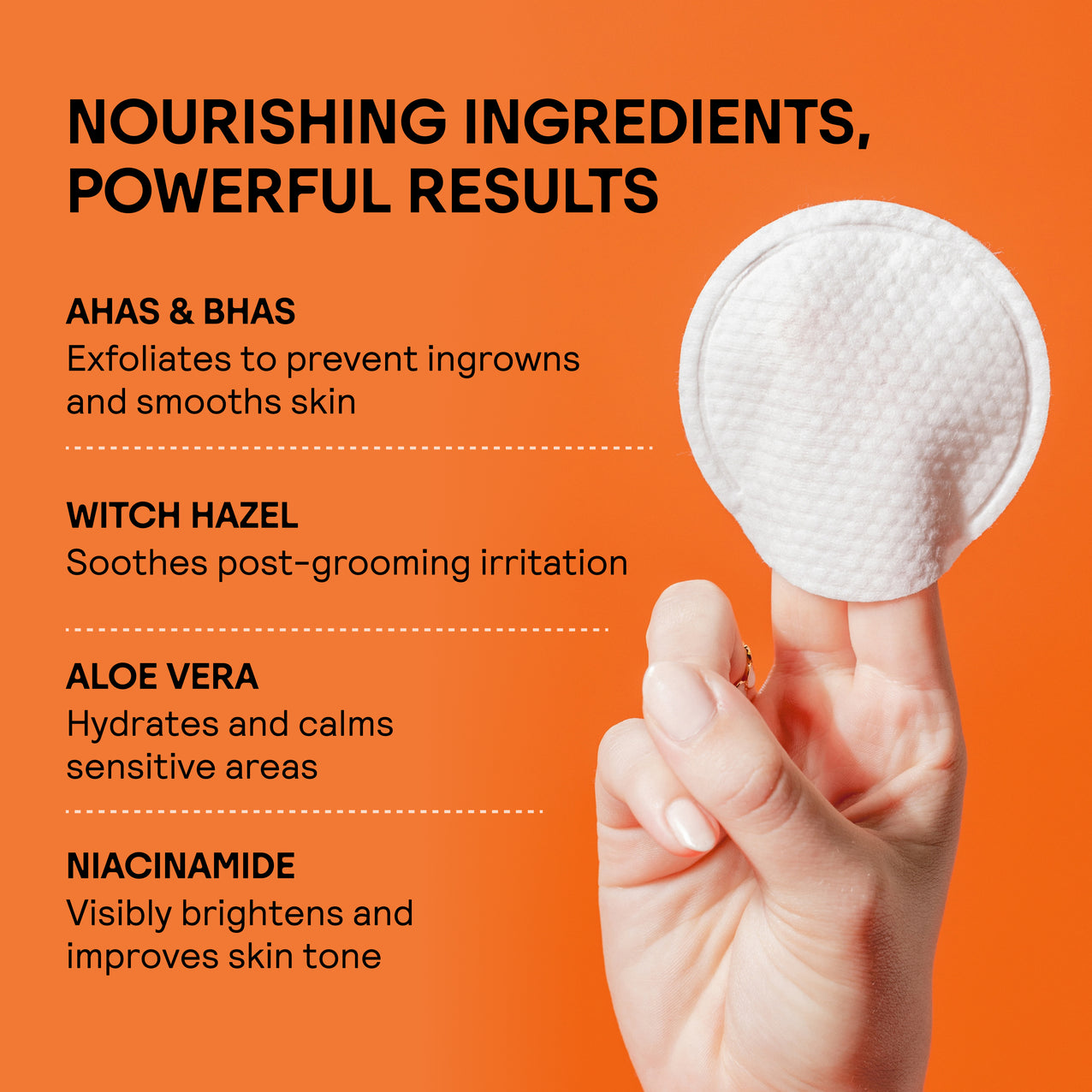 Facial cleansing pad held by hand with text highlighting AHAs, BHAs, witch hazel, aloe vera, and niacinamide benefits for skin care.